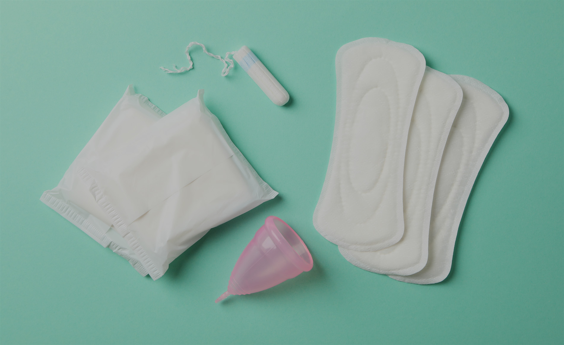 Picture of period products - pads, menstrual cups, tampons and liners