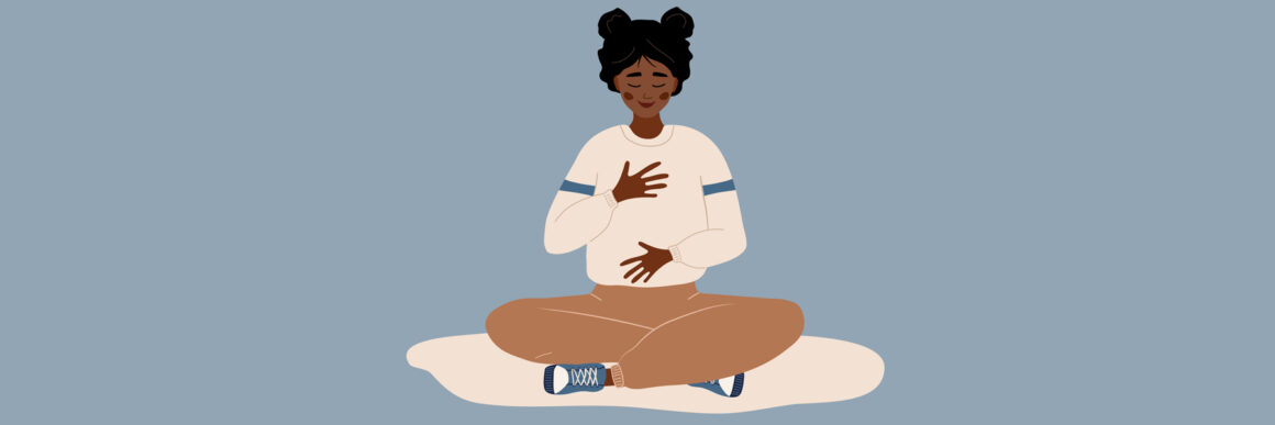 illustration of teen girl sitting with hands over heart, quieting mind, taking deep breaths.