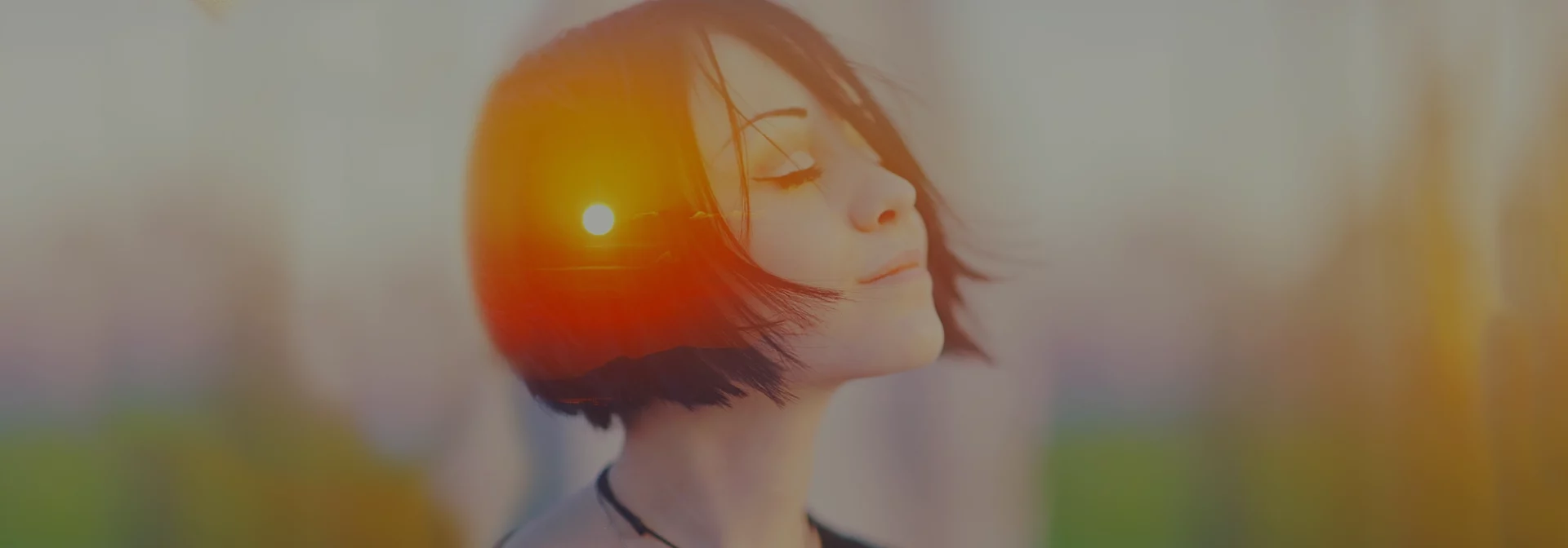 Image of young woman with sun overlay on head. Image of healthy mind