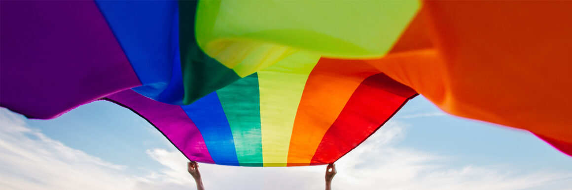 colorful rainbow flag held up flying in the wind