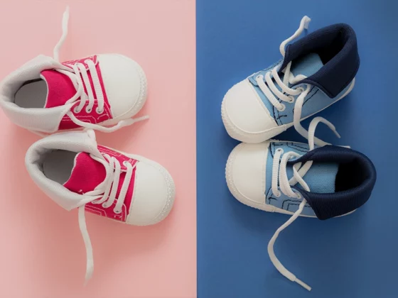gender stereotypes concept, pink versus blue baby shoes, boy and girl concepts