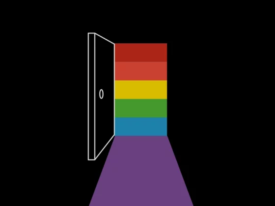 black image with door opening to a rainbow closet