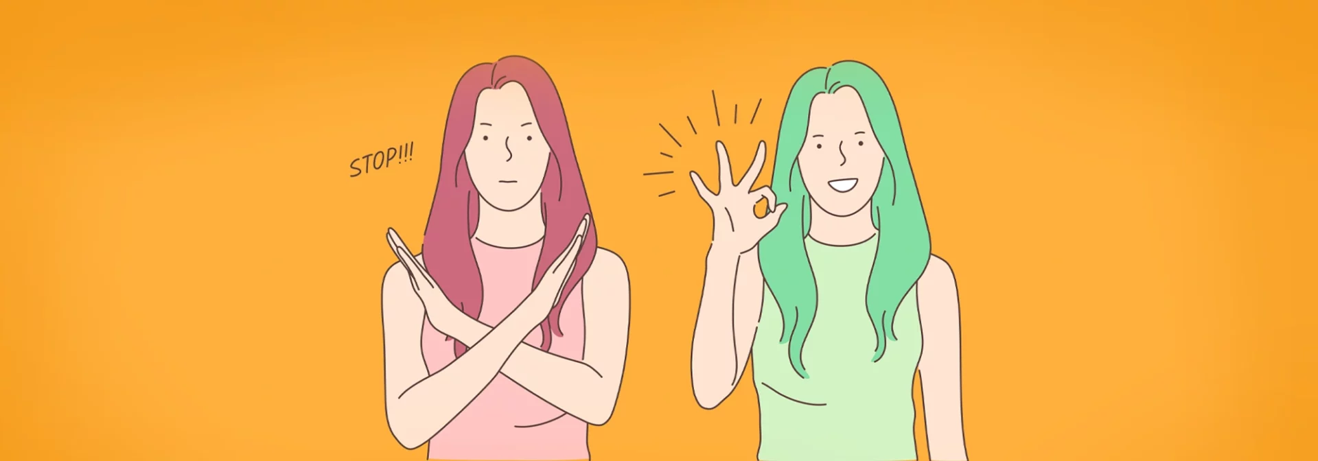 illustration of consent, girl saying ok and girl saying no