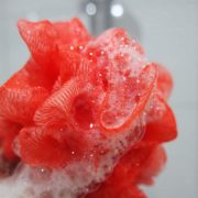 Red sponge with bubbles clean