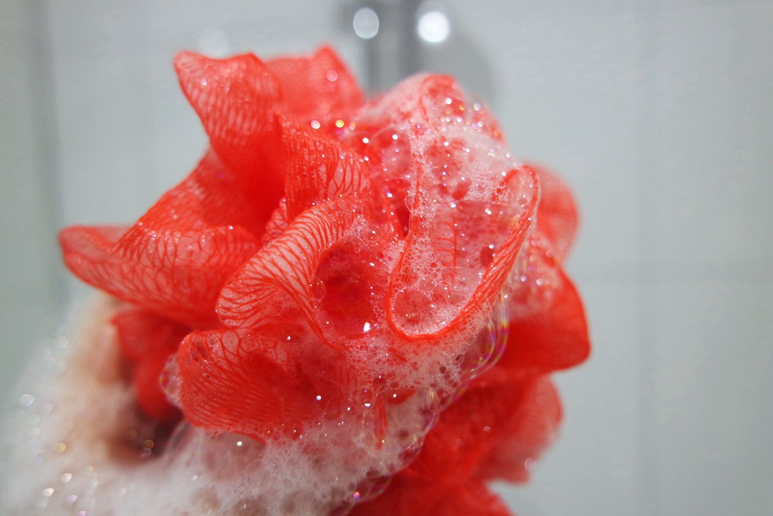 Red sponge with bubbles clean